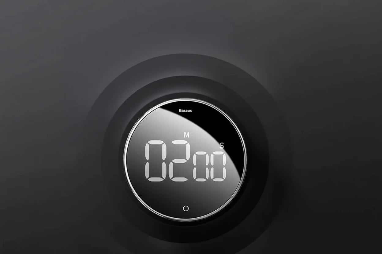 Baseus magnetischer digitaler Timer für Küche, Lernen oder Sport. Mit mechanischer Drehsteuerung, gut ablesbarem Display, lautem oder leisem Alarm und starkem Magnet zur Befestigung an Metallflächen. Modern, praktisch und vielseitig einsetzbar.