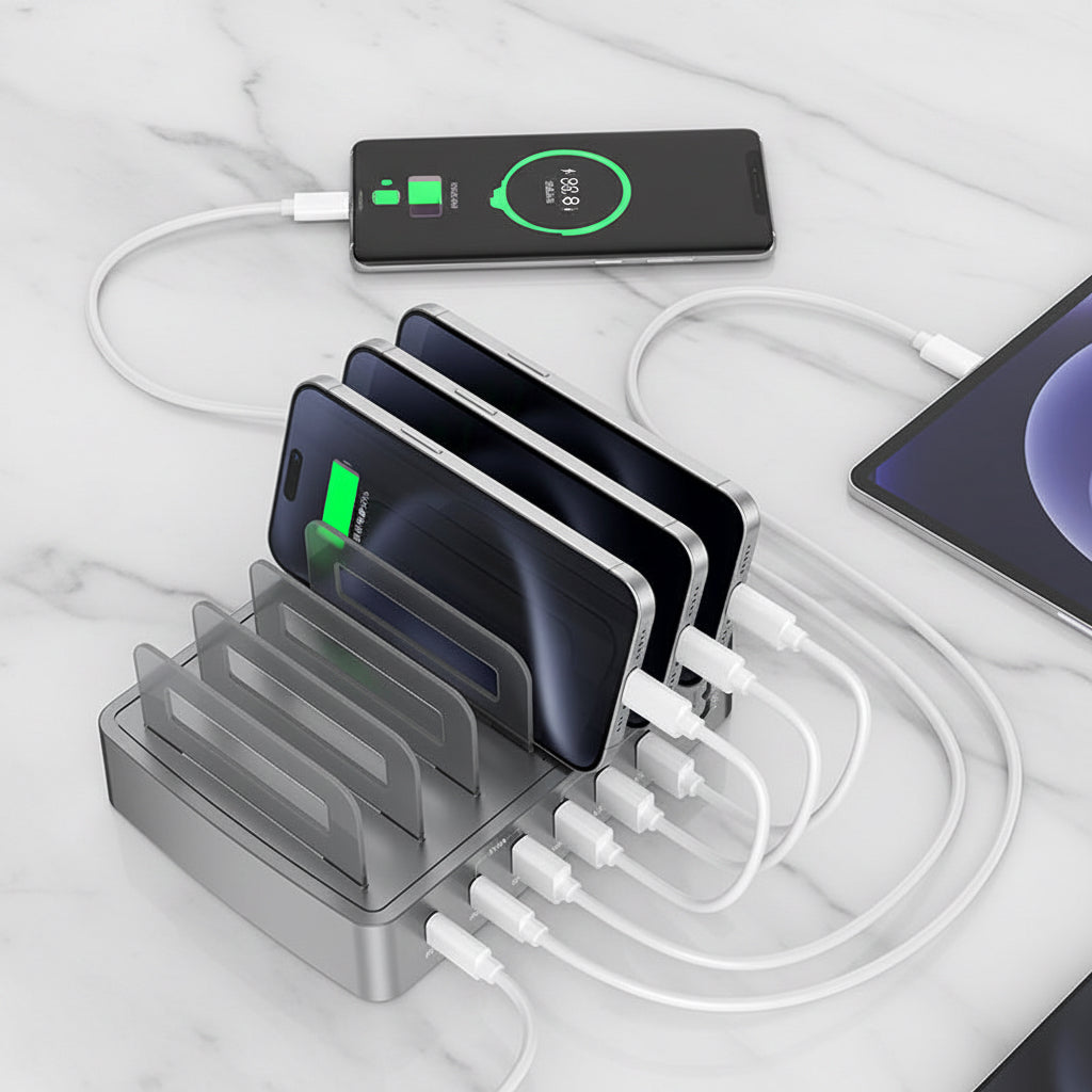 Intelligente Desktop-Ladestation zum gleichzeitigen Laden mehrerer Geräte wie Smartphone, Tablet und Kopfhörer. Mit QC3.0 und PD Schnellladen sorgt sie für effizientes Aufladen, während der integrierte Gerätehalter für Ordnung und Komfort am Schreibtisch sorgt. Reduziert Kabelsalat und ist ideal für Homeoffice, Büro oder Zuhause.