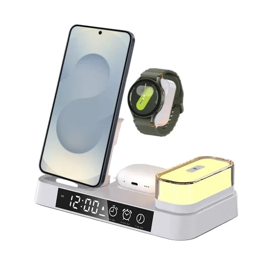 5-in-1 kabellose Ladestation für Samsung Galaxy Watch, Galaxy Smartphones, Galaxy Buds und iPhone 15/16. Mit digitalem Wecker, 5-Farben-Nachtlicht, tragbarem, faltbarem Design und einfachem kabellosen Laden – perfekt für Zuhause, Büro oder unterwegs.