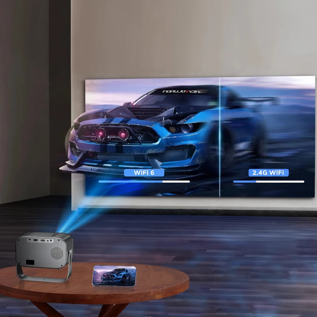 XBJ K6 Mini Smart Home Theater Projektor mit 1080P Full HD, 4K-Decoding, elektrischem Fokus und automatischer Trapezkorrektur. Kompakter Smart-Projektor mit WiFi 6, Bluetooth 5.2 und bis zu 150" Bildgröße – ideal für Home Cinema, Streaming, Präsentationen und Outdoor-Kino.