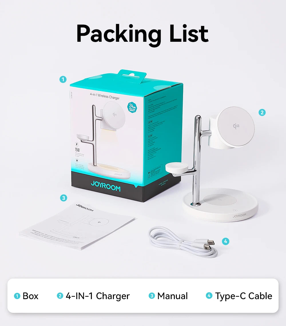 JOYROOM Qi2.0 3-in-1 Wireless Ladestation mit Nachtlicht – Schnelles 15W MagSafe-Laden für iPhone, Apple Watch und AirPods gleichzeitig. Magnetischer Handyhalter, Touch-Nachtlampe mit Warm-/Kaltlicht und modernes Design – perfekt für Nachttisch oder Homeoffice.