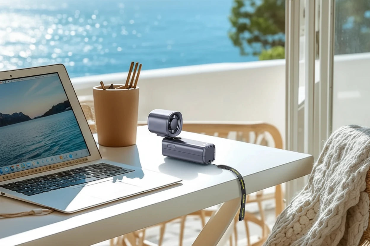 Kompakter, tragbarer Handventilator mit 5 Geschwindigkeitsstufen und starkem Luftstrom bis 5 m/s. Leicht, faltbar und mit 4000-mAh-Akku für lange Laufzeit – ideal für Büro, Reisen und unterwegs.