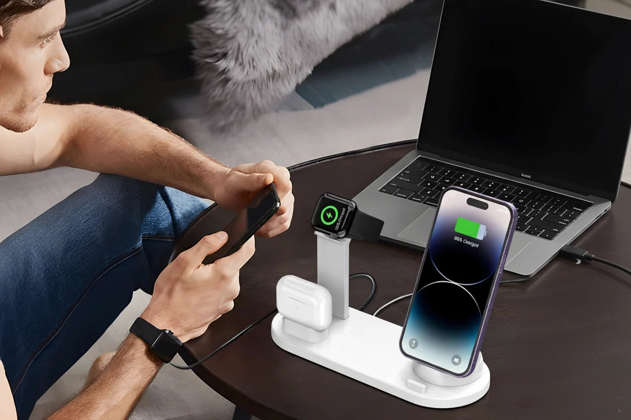 Multifunktionale 3-in-1 Wireless Ladestation mit Qi-zertifiziertem Schnellladen für Smartphone, Smartwatch und Earbuds. Platzsparendes Design, LED-Anzeige und intelligenter Mehrfachschutz – ideal für Home Office, Schreibtisch oder Nachttisch.