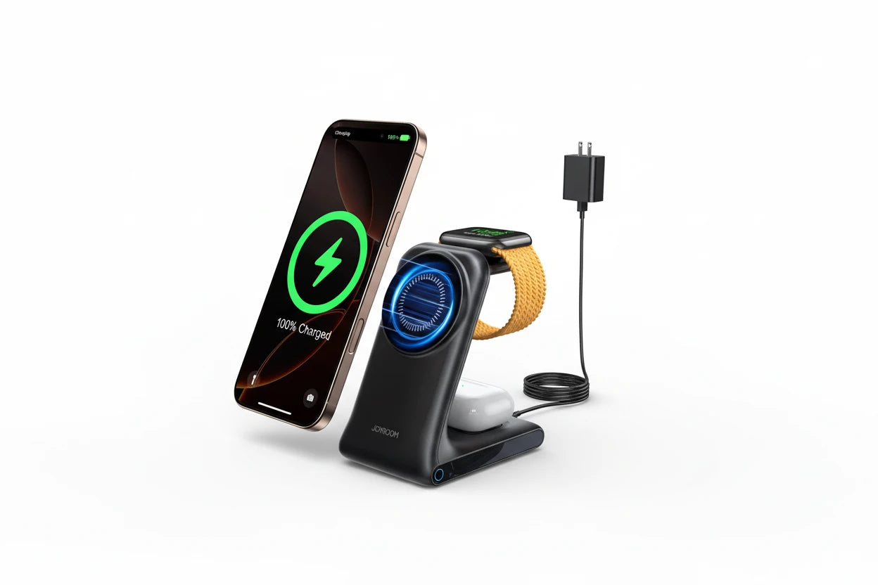 3-in-1 Magnetische Wireless Ladestation für Apple Geräte – Kabelloses Schnellladen für iPhone, Apple Watch und AirPods gleichzeitig. 360° verstellbar, magnetische Ausrichtung und elegantes Design für ein aufgeräumtes Homeoffice oder Nachttisch-Setup ohne Kabelchaos.