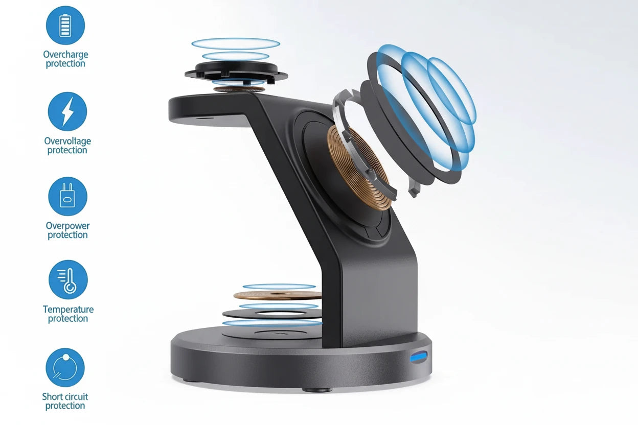 3-in-1 kabellose Ladestation mit magnetischem Schnellladen für Smartphone, Smartwatch und Kopfhörer. Platzsparendes Design, Qi-Fast-Charging und intelligente Schutzfunktionen – ideal für Schreibtisch, Nachttisch oder Home Office.