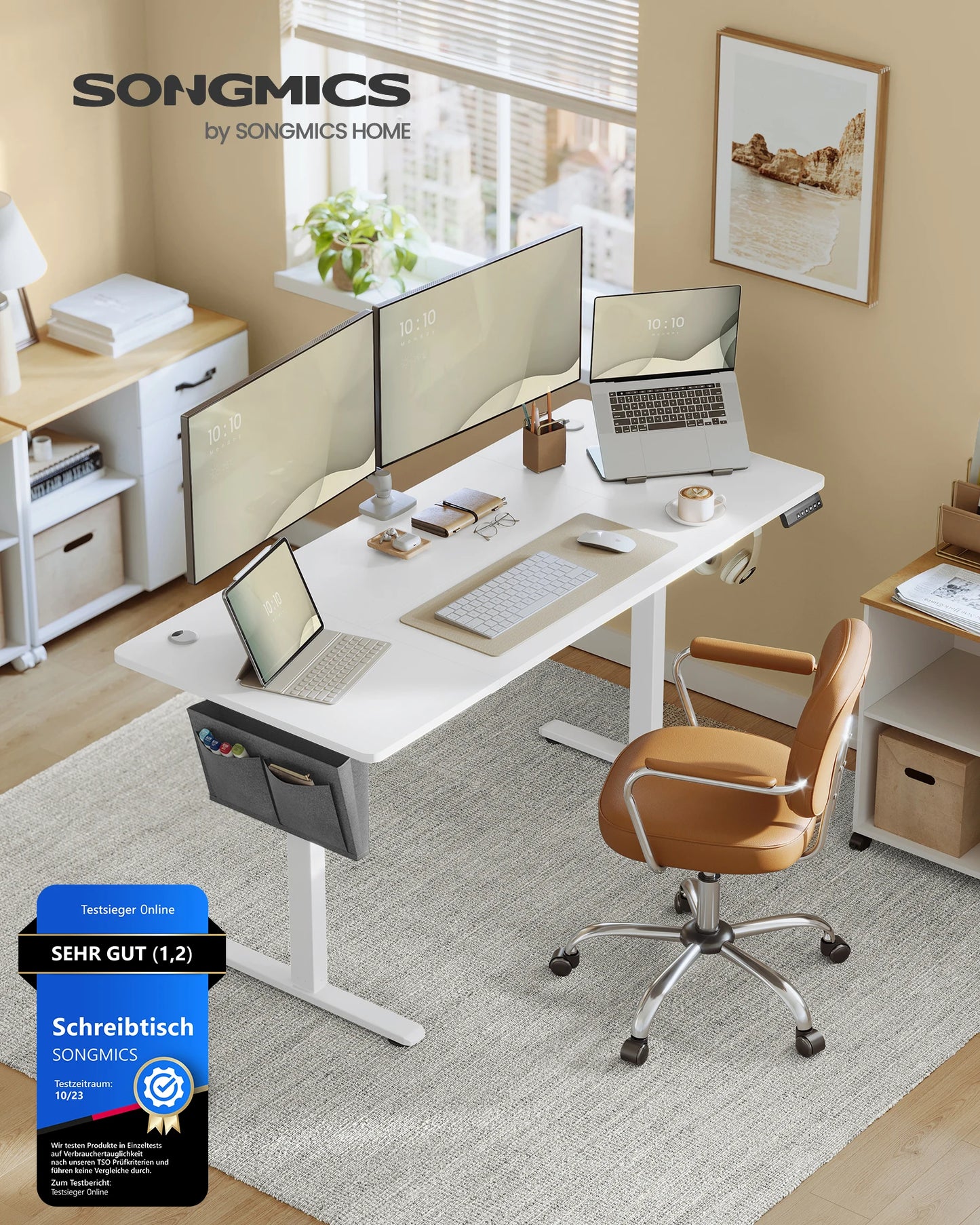 Elektrischer Steh-Sitz-Schreibtisch für Büro, Homeoffice oder Gaming. Leise Höhenverstellung von 72–120 cm mit 4 Speicherpositionen, stabiles Stahlgestell bis 70 kg belastbar und praktisches Kabelmanagement. Ergonomisch, robust und modern.