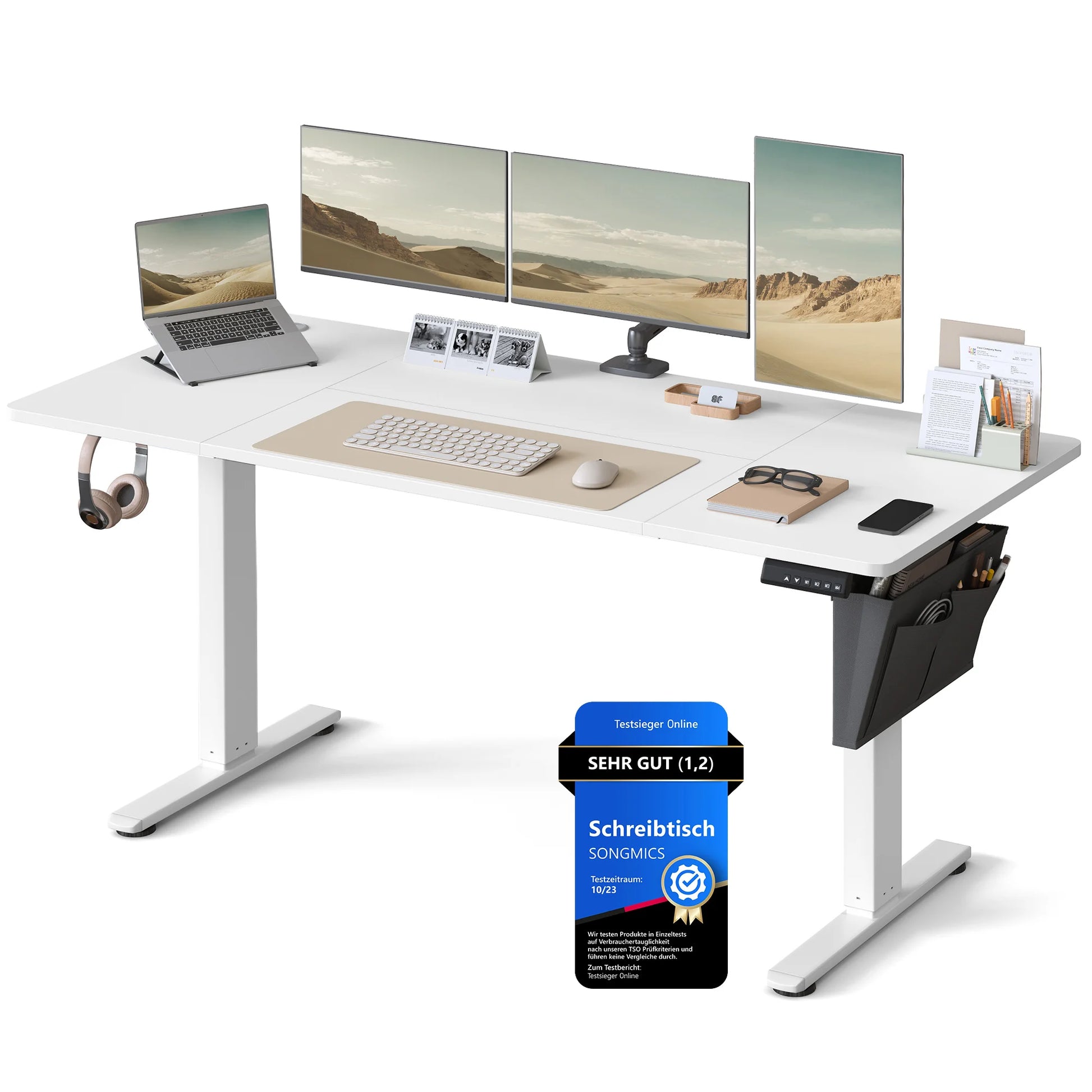 Elektrischer Steh-Sitz-Schreibtisch für Büro, Homeoffice oder Gaming. Leise Höhenverstellung von 72–120 cm mit 4 Speicherpositionen, stabiles Stahlgestell bis 70 kg belastbar und praktisches Kabelmanagement. Ergonomisch, robust und modern.