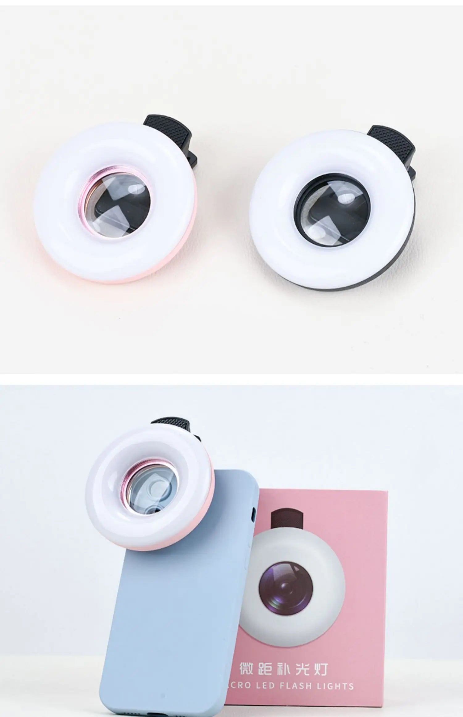 Kompakte LED-Selfie-Lampe mit integrierter 15-fach Makro-Linse für detailreiche Nahaufnahmen, Vlogs, Livestreams und Fotos. Einfach anzuklipsen, leicht zu transportieren und sofort einsatzbereit.