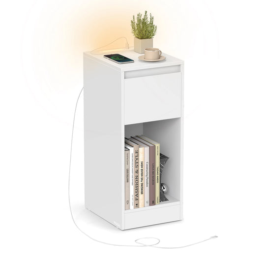 Moderner Nachttisch mit LED-Beleuchtung, USB-A- und USB-C-Anschlüssen für bequemes Laden von Smartphone und Tablet. Platzsparender Beistelltisch mit Schublade und offenem Fach – ideal für Schlafzimmer, Wohnzimmer oder kleine Räume.