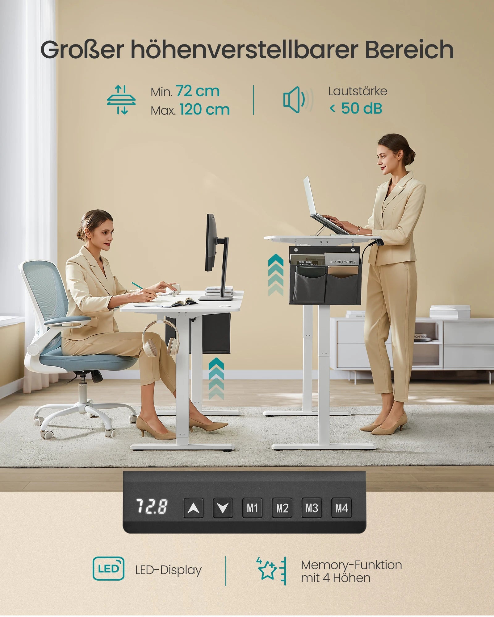 Elektrischer Steh-Sitz-Schreibtisch für Büro, Homeoffice oder Gaming. Leise Höhenverstellung von 72–120 cm mit 4 Speicherpositionen, stabiles Stahlgestell bis 70 kg belastbar und praktisches Kabelmanagement. Ergonomisch, robust und modern.