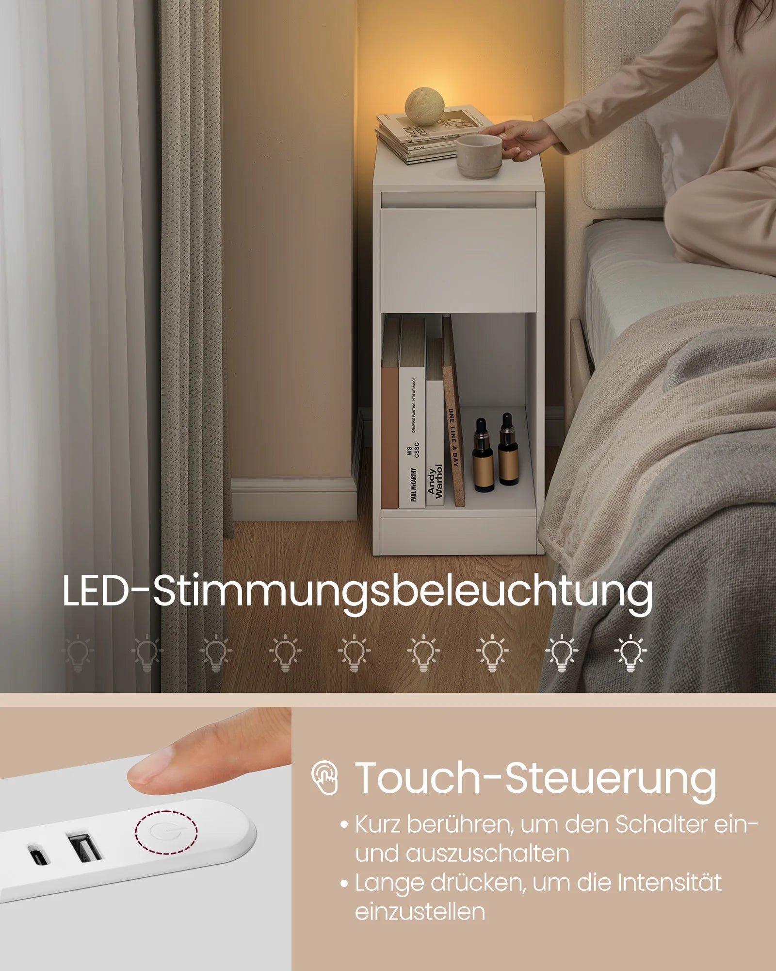 Moderner Nachttisch mit LED-Beleuchtung, USB-A- und USB-C-Anschlüssen für bequemes Laden von Smartphone und Tablet. Platzsparender Beistelltisch mit Schublade und offenem Fach – ideal für Schlafzimmer, Wohnzimmer oder kleine Räume.