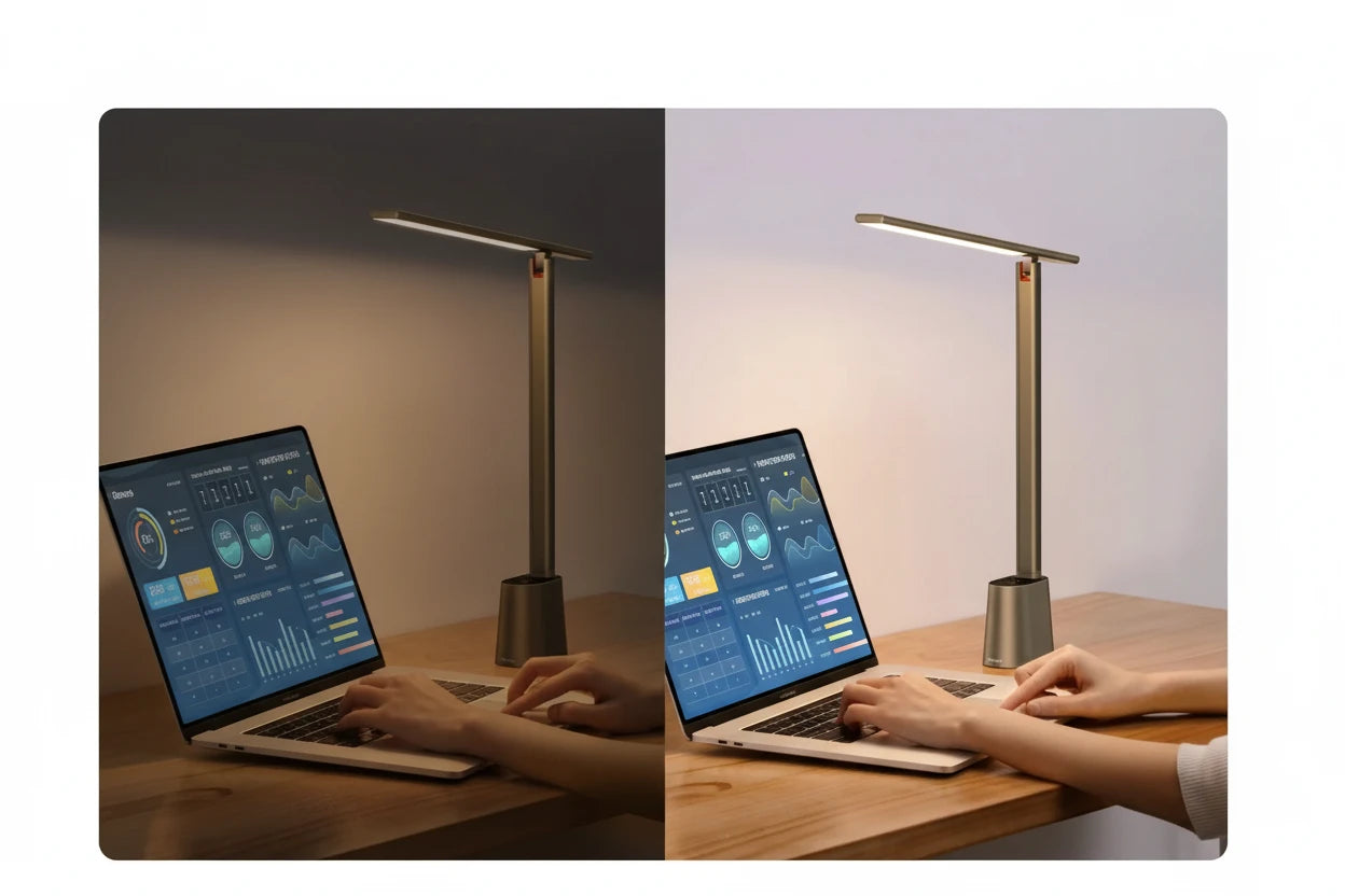 Moderne LED-Schreibtischlampe mit intelligenter Helligkeitsanpassung, drei Lichtfarben und stufenloser Dimmung. Augenschonend, flimmerfrei und kabellos dank Akku – ideal für Homeoffice, Studium und Lesen.