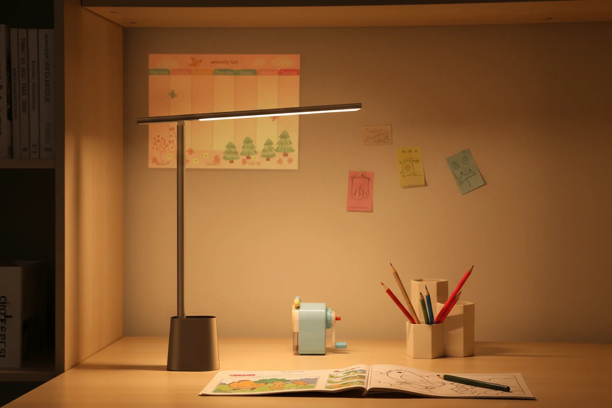 Moderne LED-Schreibtischlampe mit intelligenter Helligkeitsanpassung, drei Lichtfarben und stufenloser Dimmung. Augenschonend, flimmerfrei und kabellos dank Akku – ideal für Homeoffice, Studium und Lesen.