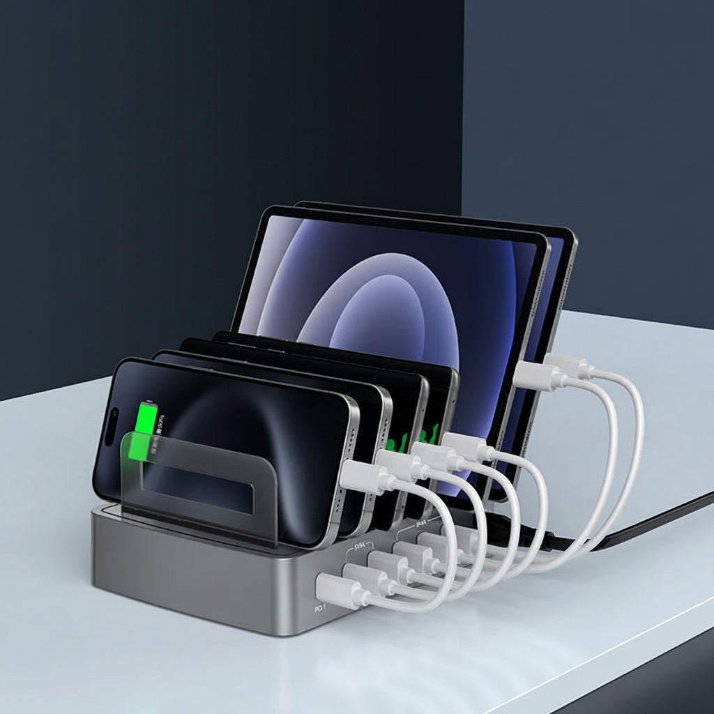 Intelligente Desktop-Ladestation zum gleichzeitigen Laden mehrerer Geräte wie Smartphone, Tablet und Kopfhörer. Mit QC3.0 und PD Schnellladen sorgt sie für effizientes Aufladen, während der integrierte Gerätehalter für Ordnung und Komfort am Schreibtisch sorgt. Reduziert Kabelsalat und ist ideal für Homeoffice, Büro oder Zuhause.