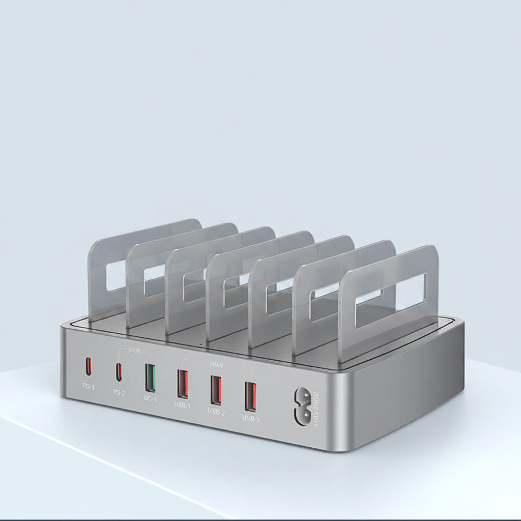 Intelligente Desktop-Ladestation zum gleichzeitigen Laden mehrerer Geräte wie Smartphone, Tablet und Kopfhörer. Mit QC3.0 und PD Schnellladen sorgt sie für effizientes Aufladen, während der integrierte Gerätehalter für Ordnung und Komfort am Schreibtisch sorgt. Reduziert Kabelsalat und ist ideal für Homeoffice, Büro oder Zuhause.