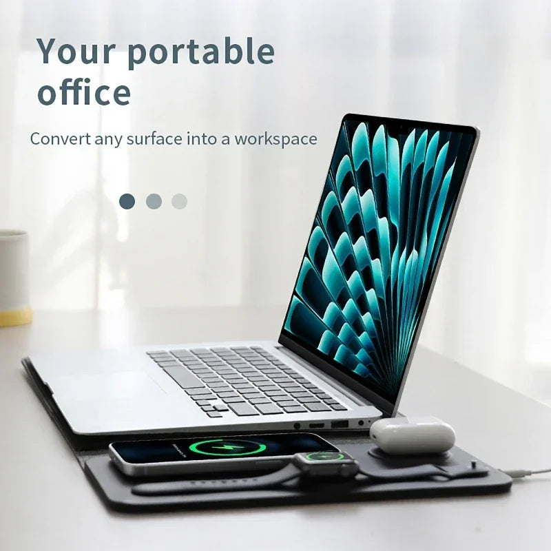 Leder-Laptophülle mit 15W Magnetischer Wireless-Ladestation für Laptop, Tablet, iPhone, iWatch & AirPods