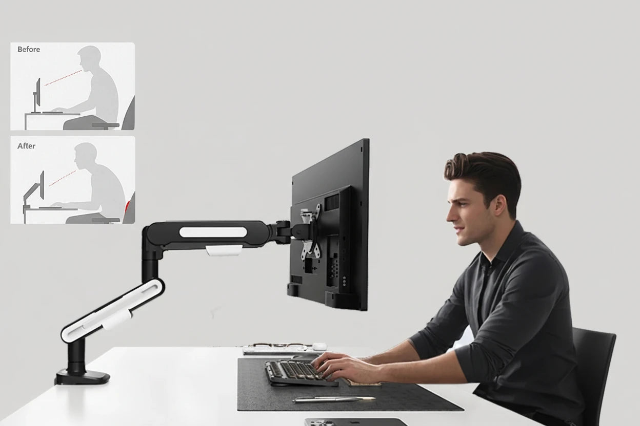 Höhenverstellbare Monitorhalterung mit Gasdruckarm für ergonomisches Arbeiten. Geeignet für 13–32 Zoll Monitore, stabil, flexibel einstellbar und platzsparend – ideal für Büro, Homeoffice und Gaming.