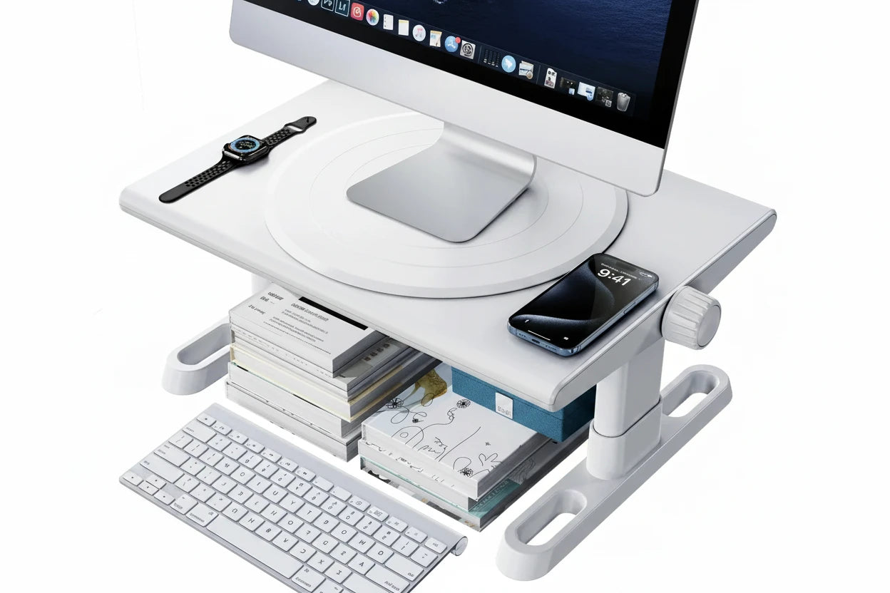 Flexibler Monitorständer für den Schreibtisch mit 360° Rotation und stufenloser Höhenverstellung für eine ergonomische Bildschirmposition und mehr Komfort beim Arbeiten, Lernen oder Gaming. Er lässt sich individuell anpassen, unterstützt eine gesunde Körperhaltung und reduziert Nackenbelastung. Die stabile Konstruktion sorgt für sicheren Halt von Monitor, Laptop oder TV-Geräten, während das kompakte Design ideal für einen aufgeräumten Arbeitsplatz im Homeoffice oder Büro ist.