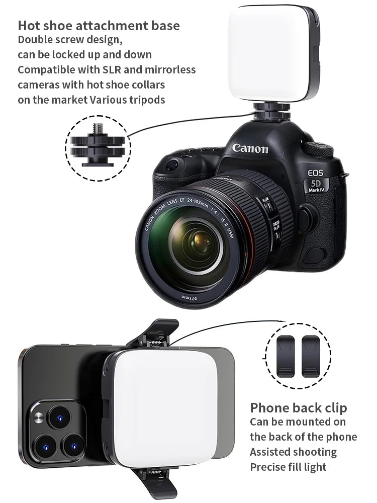 Kompaktes LED-Fülllicht mit Bi-Color Beleuchtung für Fotos, Videos und Vlogs. Mit Cold-Shoe-Anschluss und Clip-Befestigung für Kamera, Smartphone oder Laptop – ideal für Content Creation, Livestreams und Fotografie