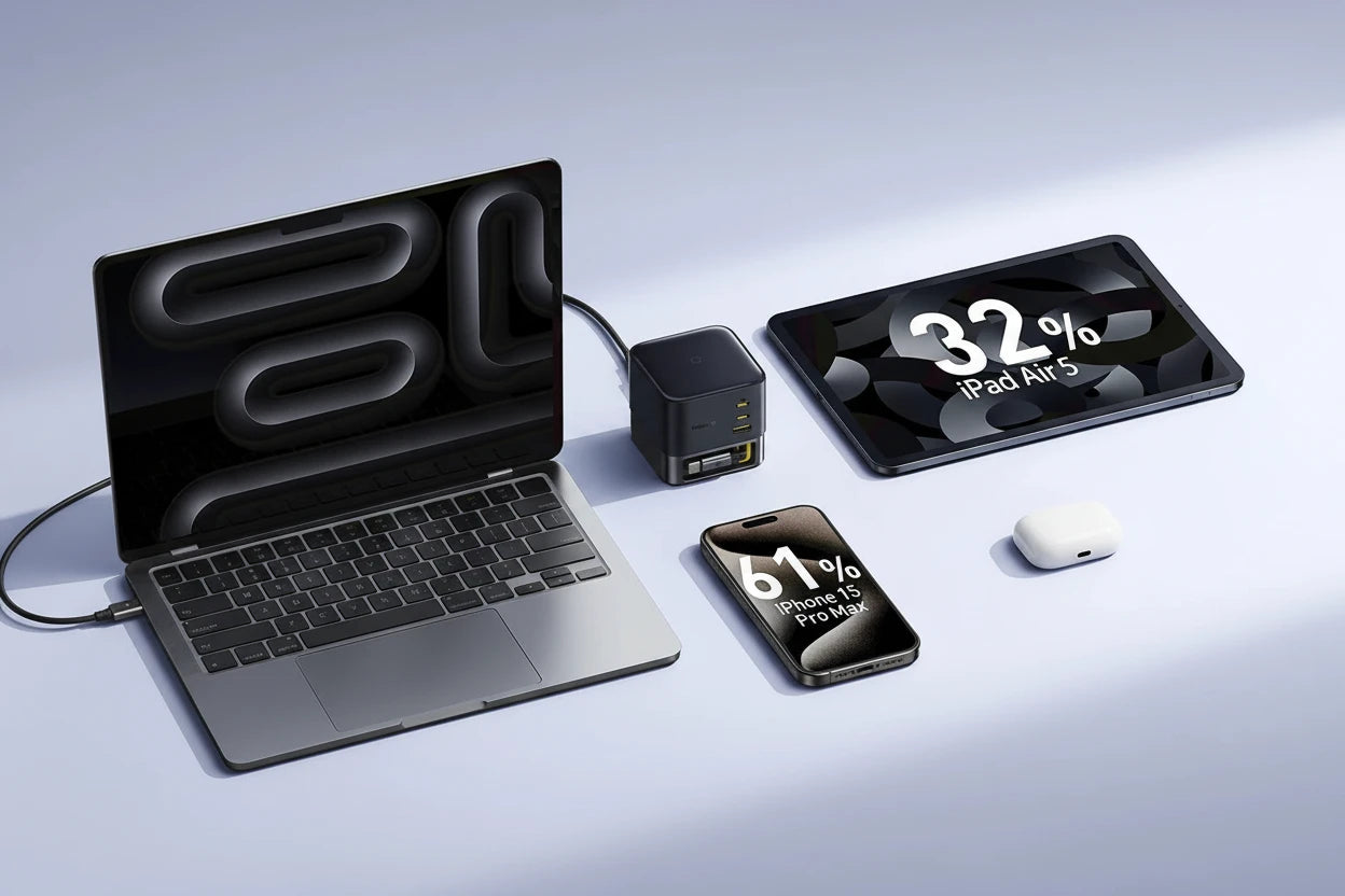 Baseus 100W GaN Desktop Ladegerät – leistungsstarkes USB-C Schnellladegerät für Laptop, Tablet und Smartphone mit integriertem Kabel.

