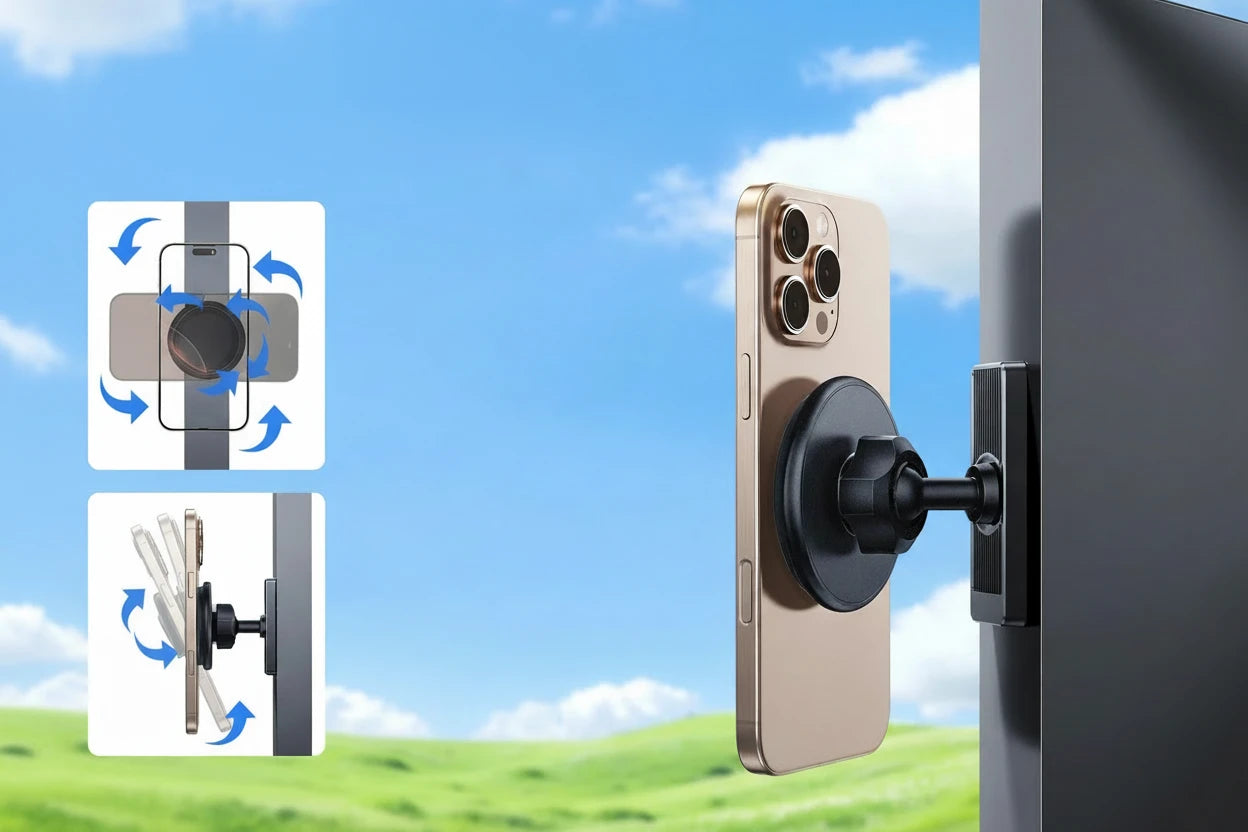 Magnetischer, tragbarer Handyhalter für iPhone 12–17. 360° drehbar für flexible Nutzung bei Videoanrufen, Streaming oder Selfies. Kompakt, stabil und ideal für Zuhause, Büro oder unterwegs.