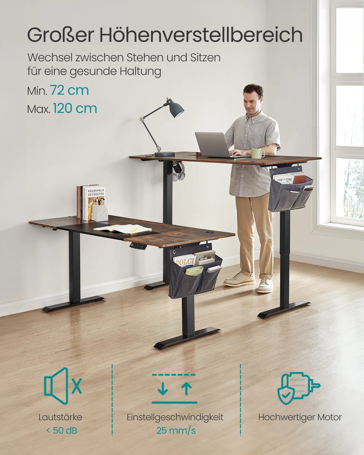Elektrischer höhenverstellbarer Schreibtisch – mehr Platz und Komfort im Home Office
Dieser große, ergonomische Schreibtisch ermöglicht dir den einfachen Wechsel zwischen Sitzen und Stehen. Dank robuster Bauweise, leisem Motor und integrierten Organisationslösungen ist er ideal für ein modernes, produktives Home Office mit viel Arbeitsfläche