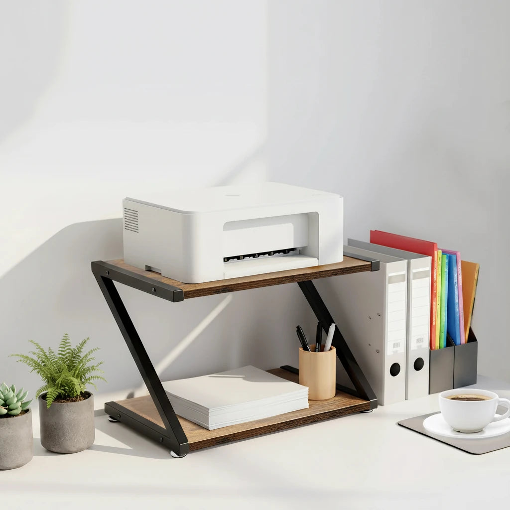 2-stöckiger Tisch-Organizer für mehr Ordnung und zusätzlichen Stauraum auf dem Schreibtisch im Büro oder Homeoffice. Die stabile Kombination aus Carbonstahl und MDF bietet Platz für Drucker, Dokumente, Bücher und Zubehör, während das offene Design schnellen Zugriff ermöglicht. Platzsparend, langlebig und ideal für einen strukturierten, funktionalen Arbeitsplatz.