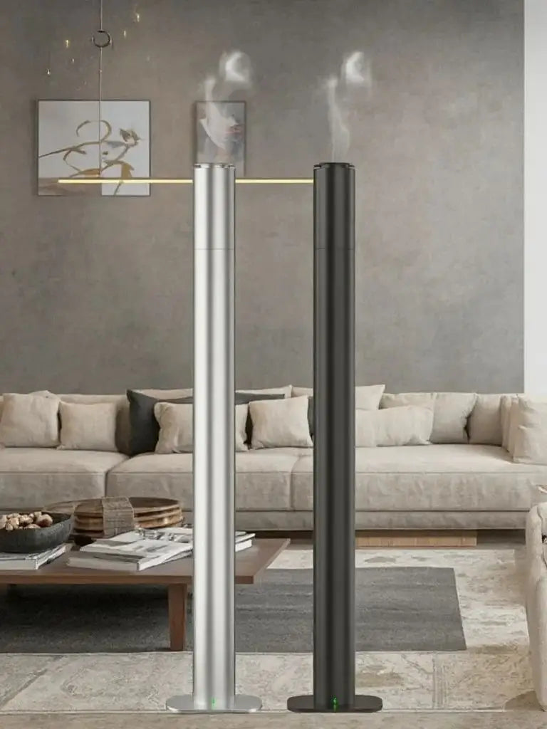 Kabelloser Tower Aroma Diffuser mit wasserloser Technologie für intensive, reine Duftverteilung. Passend für 120-ml-Ölflaschen, leise, effizient und im eleganten Aluminium-Design – ideal für Zuhause, Büro, Hotel oder Spa.