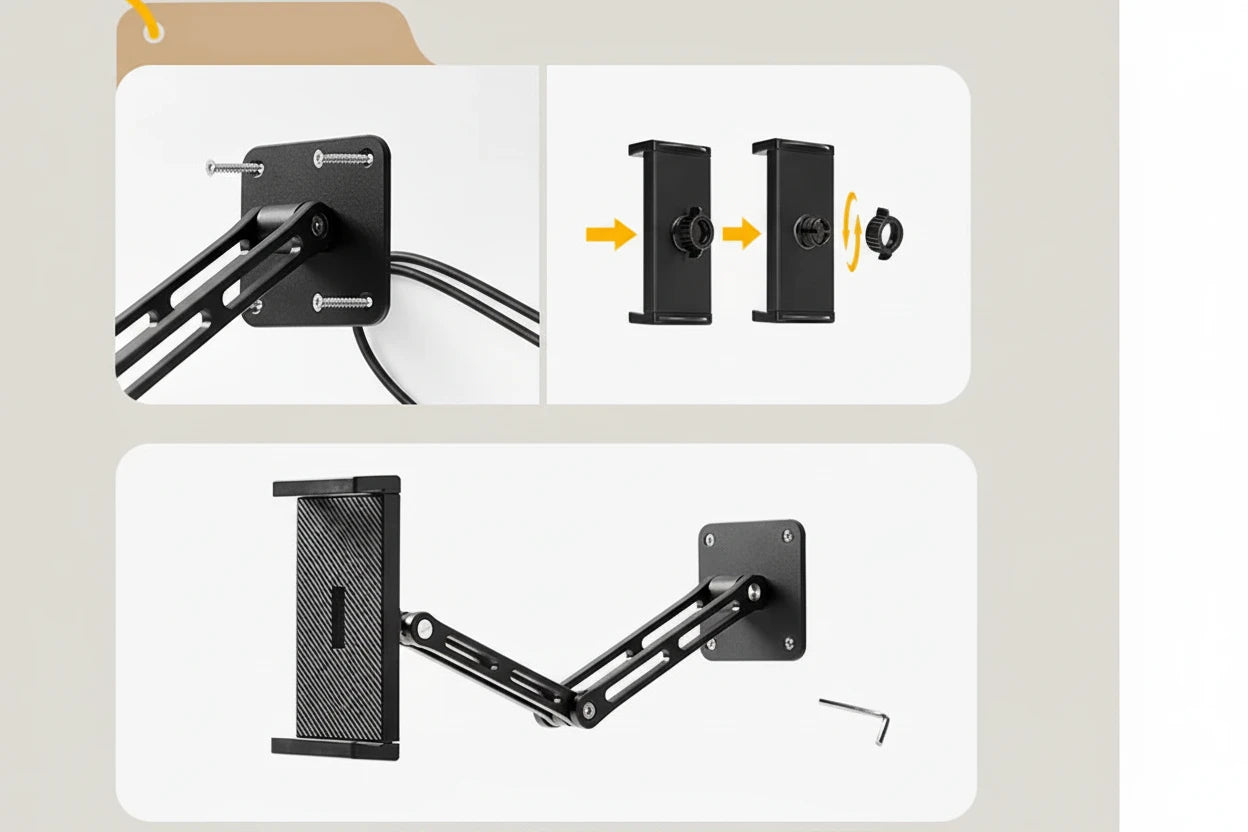 Flexible Tablet- & Smartphone-Halterung für Wand oder Tisch – ideal zum Arbeiten, Streamen oder Filme schauen. Universell kompatibel für Geräte von 4,7–12,9 Zoll. 360° Rotation für perfekte Blickwinkel im Hoch- oder Querformat. Robuster Schwenkarm aus Aluminiumlegierung, Eisen und Kunststoff, Tragkraft bis 3 kg. Stabil, langlebig und vielseitig einsetzbar für Bett, Schreibtisch oder Küche.