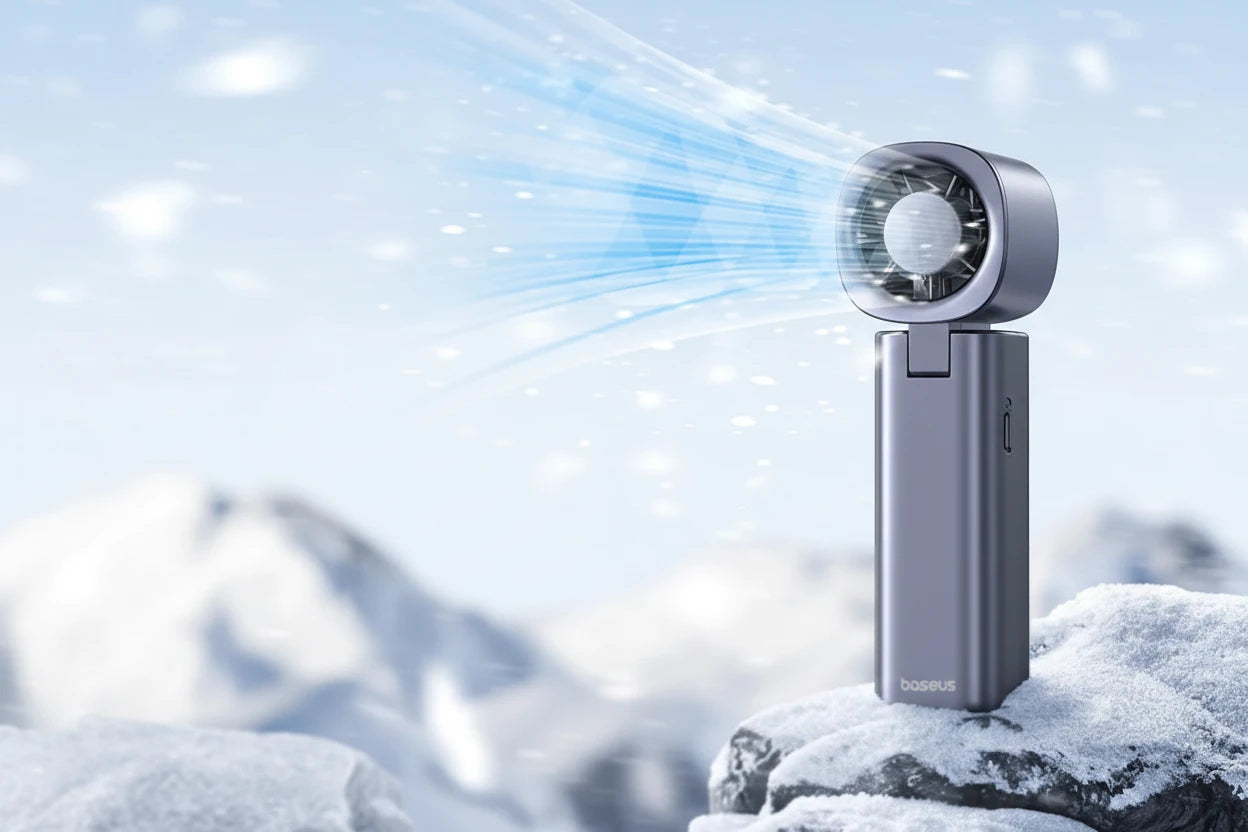 Kompakter, tragbarer Handventilator mit 5 Geschwindigkeitsstufen und starkem Luftstrom bis 5 m/s. Leicht, faltbar und mit 4000-mAh-Akku für lange Laufzeit – ideal für Büro, Reisen und unterwegs.