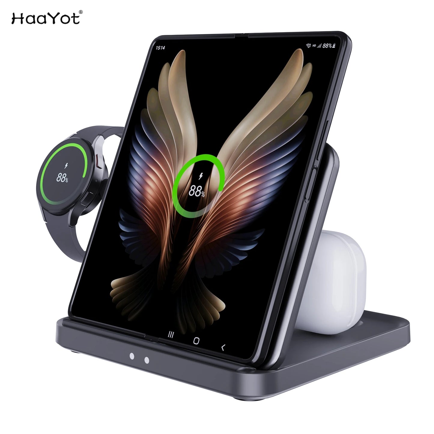 3-in-1 Wireless Charger für Samsung Galaxy Smartphone, Watch & Buds – kabellos, schnellladend, kompakt und ideal für Büro, Zuhause oder Reisen.