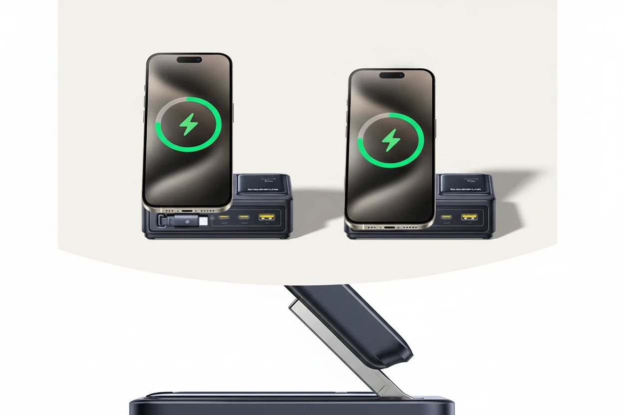 Baseus Nomos 140W GaN Desktop Charger mit PD 3.1 Schnellladetechnologie zum gleichzeitigen Laden von Laptop, Tablet und Smartphone. 5-in-1 Ladegerät mit 15W Qi2 Wireless Charging, einziehbarem USB-C Kabel und intelligenter Leistungssteuerung – ideal für Büro, Homeoffice und modernes Multi-Device-Setup.