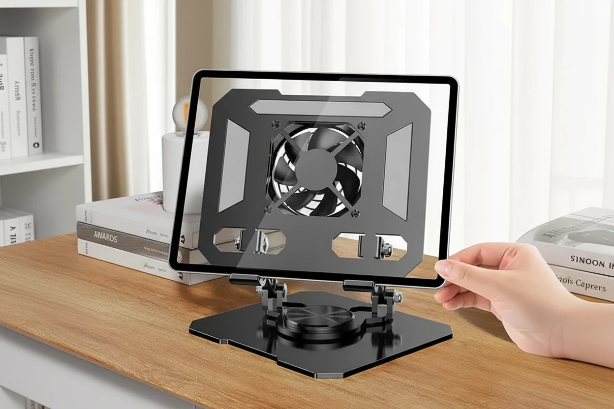 Rotierbarer Laptop- und Tabletständer mit integriertem Lüfter für ergonomisches Arbeiten und effektive Kühlung. Klappbarer 360° Notebook-Ständer aus stabilem Carbonstahl – ideal für Homeoffice, Büro oder unterwegs.