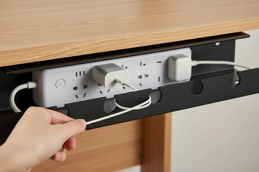Untertisch Kabelablage aus Metall mit Clamp-Montage ohne Bohren für ordentliches Kabelmanagement am Schreibtisch. Ideal für Steckdosenleisten, Netzteile und Ladegeräte – perfekt für Büro, Homeoffice oder Gaming-Setup.
