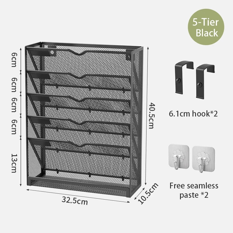5-Tier Dokumentenorganizer aus stabilem Metall-Mesh für Büro und Homeoffice. Platzsparende Briefablage mit vertikalem Design für strukturierte Aufbewahrung von Dokumenten, Ordnern und Unterlagen – freistehend oder zur Wandmontage geeignet.
