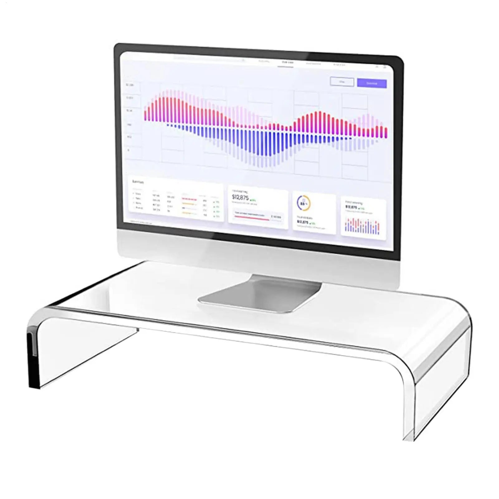 Moderner Monitorständer aus transparentem Acryl für eine ergonomische Bildschirmhöhe und einen aufgeräumten Arbeitsplatz im Homeoffice oder Büro. Das stabile, belastbare Material trägt sicher Monitor oder Laptop, während der erhöhte Stand eine bessere Haltung unterstützt und zusätzlichen Stauraum unter dem Ständer für Zubehör schafft. Pflegeleicht, rutschfest und mit minimalistischem Design für jedes Setup.