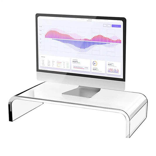 Moderner Monitorständer aus transparentem Acryl für eine ergonomische Bildschirmhöhe und einen aufgeräumten Arbeitsplatz im Homeoffice oder Büro. Das stabile, belastbare Material trägt sicher Monitor oder Laptop, während der erhöhte Stand eine bessere Haltung unterstützt und zusätzlichen Stauraum unter dem Ständer für Zubehör schafft. Pflegeleicht, rutschfest und mit minimalistischem Design für jedes Setup.