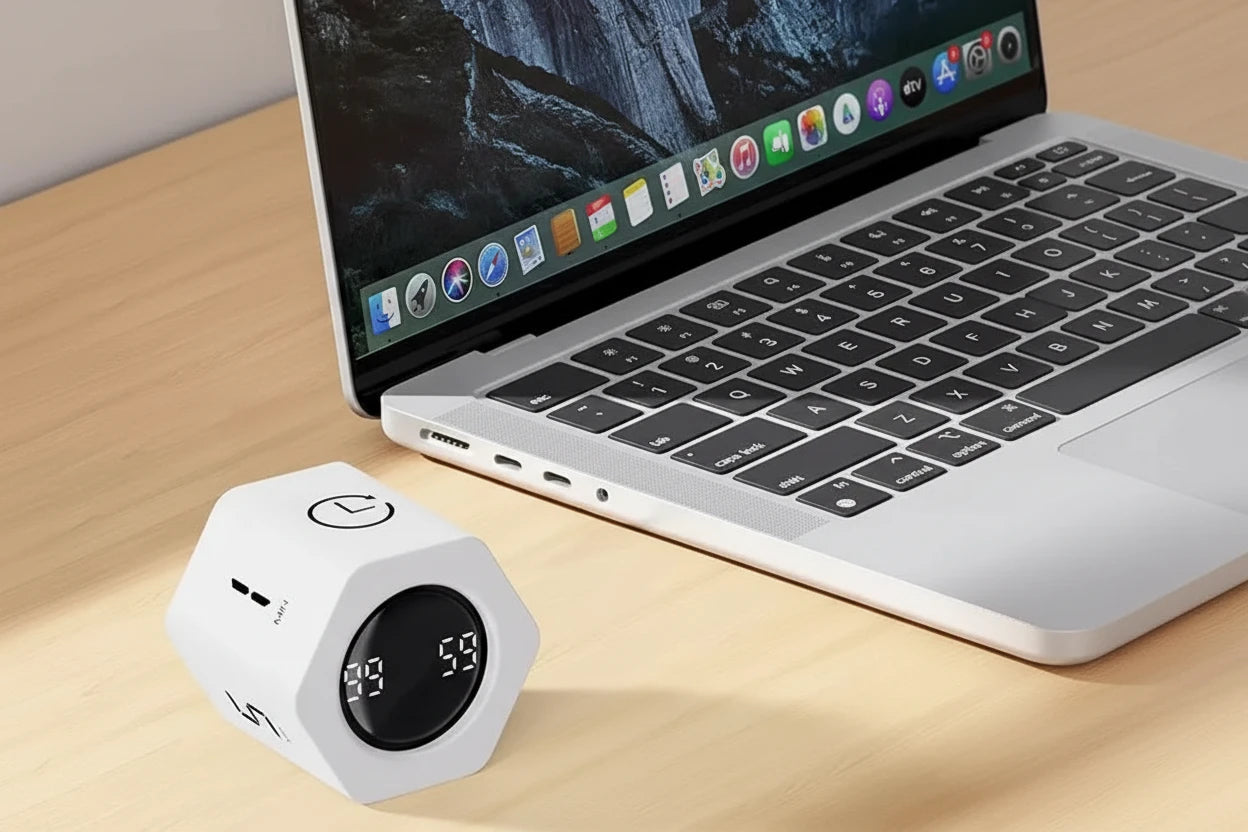 Smarter Cube Timer – mehr Fokus und Struktur im Home Office
Mit diesem praktischen Cube Timer organisierst du deine Arbeitszeit ganz einfach. Durch Drehen startest du sofort voreingestellte Zeiten wie 5, 10 oder 25 Minuten – perfekt für produktives Arbeiten und effektives Zeitmanagement. Ideal für Home Office, Lernen und konzentrierte Work Sessions.