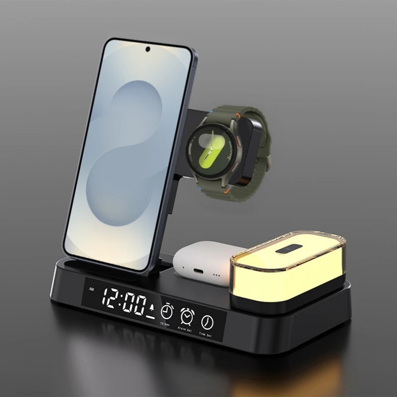 5-in-1 kabellose Ladestation für Samsung Galaxy Watch, Galaxy Smartphones, Galaxy Buds und iPhone 15/16. Mit digitalem Wecker, 5-Farben-Nachtlicht, tragbarem, faltbarem Design und einfachem kabellosen Laden – perfekt für Zuhause, Büro oder unterwegs.