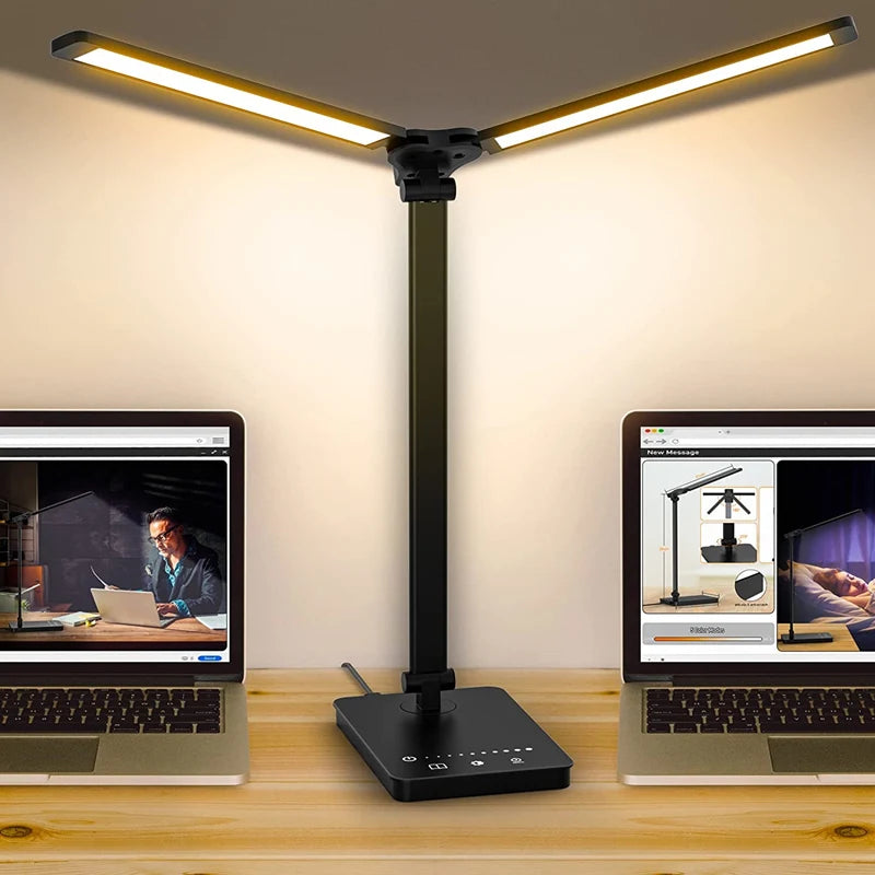 Dual-Head LED Schreibtischlampe mit flexiblem 180° Schwenkarm, 5 Farbmodi und 10 Helligkeitsstufen für optimale Arbeitsplatzbeleuchtung. Augenschonendes Licht, Touch-Steuerung und USB-Ladeports – ideal für Büro, Homeoffice, Studium oder Lesen.