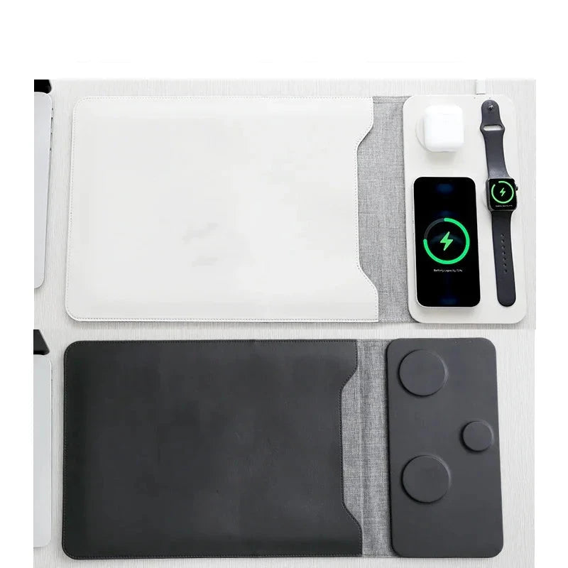 Leder-Laptophülle mit 15W Magnetischer Wireless-Ladestation für Laptop, Tablet, iPhone, iWatch & AirPods