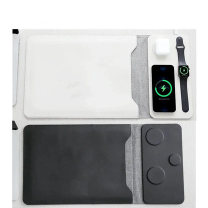 Leder-Laptophülle mit 15W Magnetischer Wireless-Ladestation für Laptop, Tablet, iPhone, iWatch & AirPods