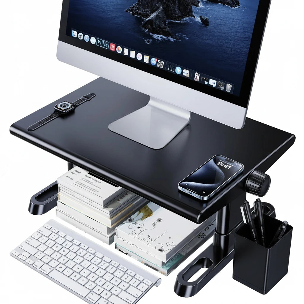 Flexibler Monitorständer für den Schreibtisch mit 360° Rotation und stufenloser Höhenverstellung für eine ergonomische Bildschirmposition und mehr Komfort beim Arbeiten, Lernen oder Gaming. Er lässt sich individuell anpassen, unterstützt eine gesunde Körperhaltung und reduziert Nackenbelastung. Die stabile Konstruktion sorgt für sicheren Halt von Monitor, Laptop oder TV-Geräten, während das kompakte Design ideal für einen aufgeräumten Arbeitsplatz im Homeoffice oder Büro ist.