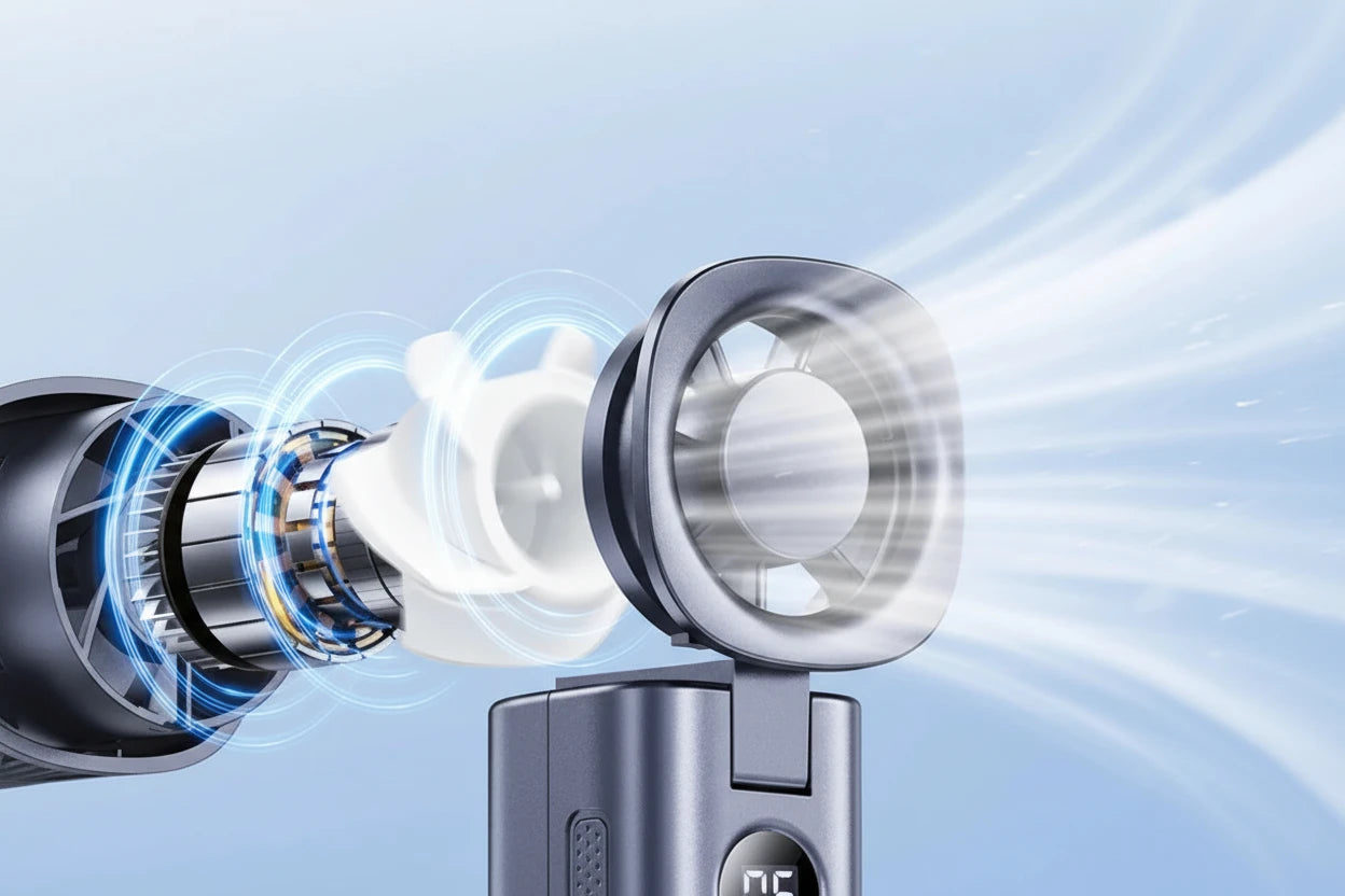 Kompakter, tragbarer Handventilator mit 5 Geschwindigkeitsstufen und starkem Luftstrom bis 5 m/s. Leicht, faltbar und mit 4000-mAh-Akku für lange Laufzeit – ideal für Büro, Reisen und unterwegs.