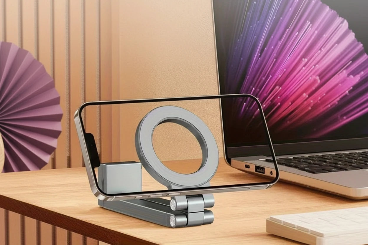 Kompakter magnetischer Handyhalter für Reisen mit MagSafe-Befestigung und 360° verstellbarem Winkel. Ideal für Flugzeug, Zug oder Büro – ermöglicht freihändiges Streamen, Arbeiten oder Videoanrufe unterwegs.