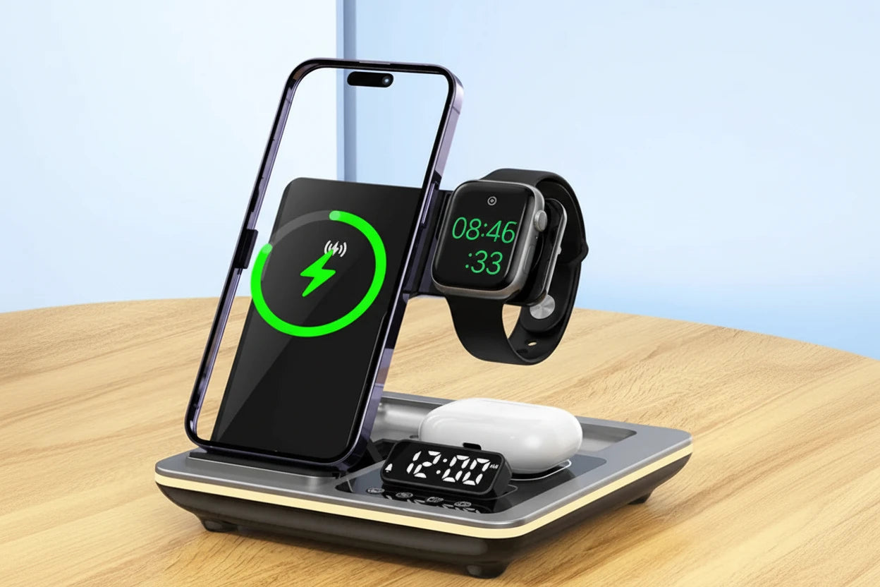 5-in-1 kabellose Ladestation für iPhone, Apple Watch und AirPods mit integriertem Wecker und warmem Nachtlicht. Lädt mehrere Apple-Geräte gleichzeitig, spart Platz und sorgt für Ordnung auf Schreib- oder Nachttisch. Modern, kompakt und einfach zu bedienen.