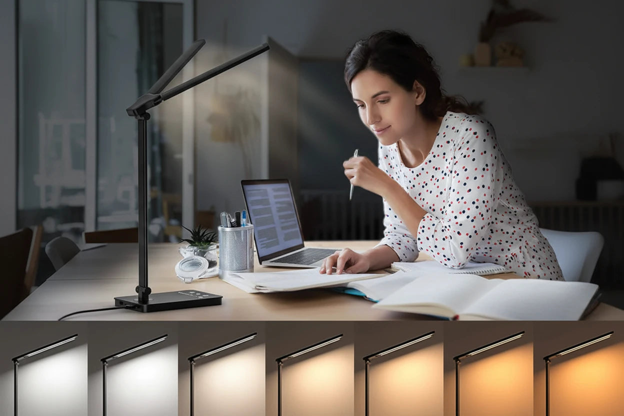 Dual-Head LED Schreibtischlampe mit flexiblem 180° Schwenkarm, 5 Farbmodi und 10 Helligkeitsstufen für optimale Arbeitsplatzbeleuchtung. Augenschonendes Licht, Touch-Steuerung und USB-Ladeports – ideal für Büro, Homeoffice, Studium oder Lesen.
