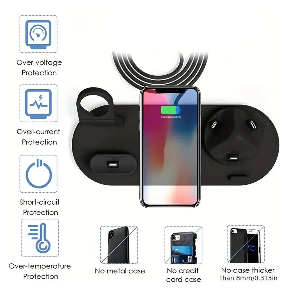 Multifunktionale 3-in-1 Wireless Ladestation mit Qi-zertifiziertem Schnellladen für Smartphone, Smartwatch und Earbuds. Platzsparendes Design, LED-Anzeige und intelligenter Mehrfachschutz – ideal für Home Office, Schreibtisch oder Nachttisch.