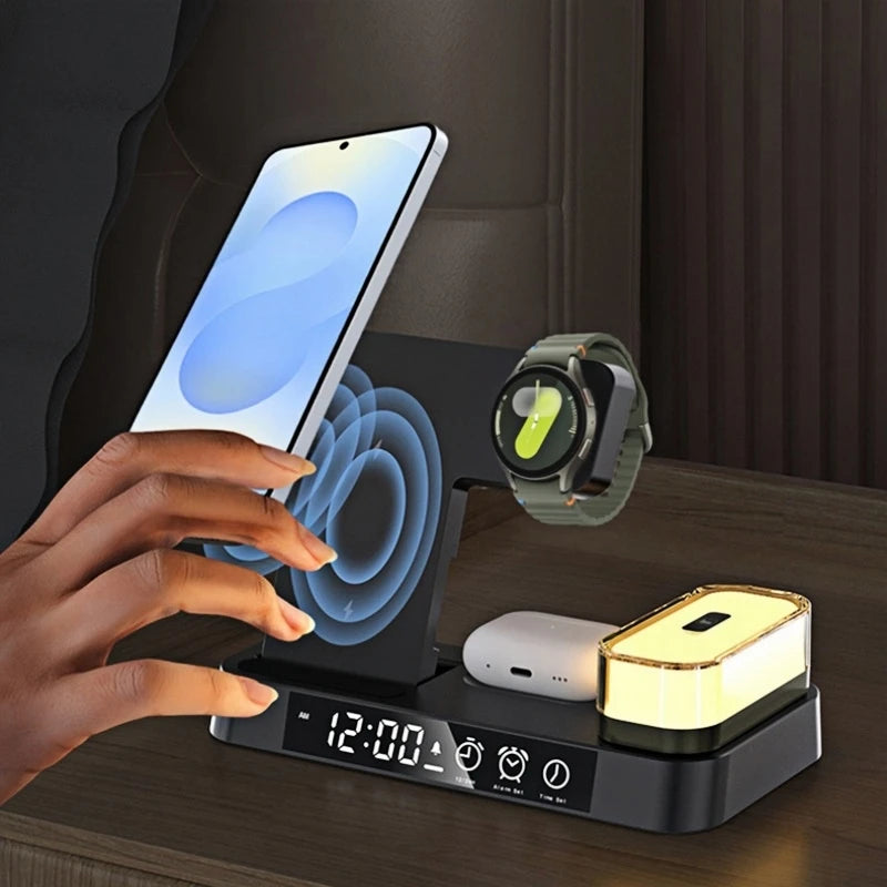 5-in-1 kabellose Ladestation für Samsung Galaxy Watch, Galaxy Smartphones, Galaxy Buds und iPhone 15/16. Mit digitalem Wecker, 5-Farben-Nachtlicht, tragbarem, faltbarem Design und einfachem kabellosen Laden – perfekt für Zuhause, Büro oder unterwegs.