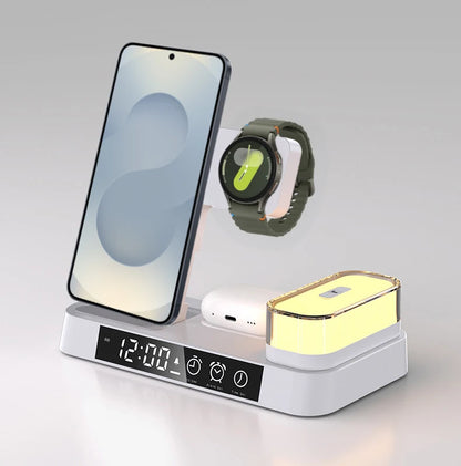 5-in-1 kabellose Ladestation für Samsung Galaxy Watch, Galaxy Smartphones, Galaxy Buds und iPhone 15/16. Mit digitalem Wecker, 5-Farben-Nachtlicht, tragbarem, faltbarem Design und einfachem kabellosen Laden – perfekt für Zuhause, Büro oder unterwegs.